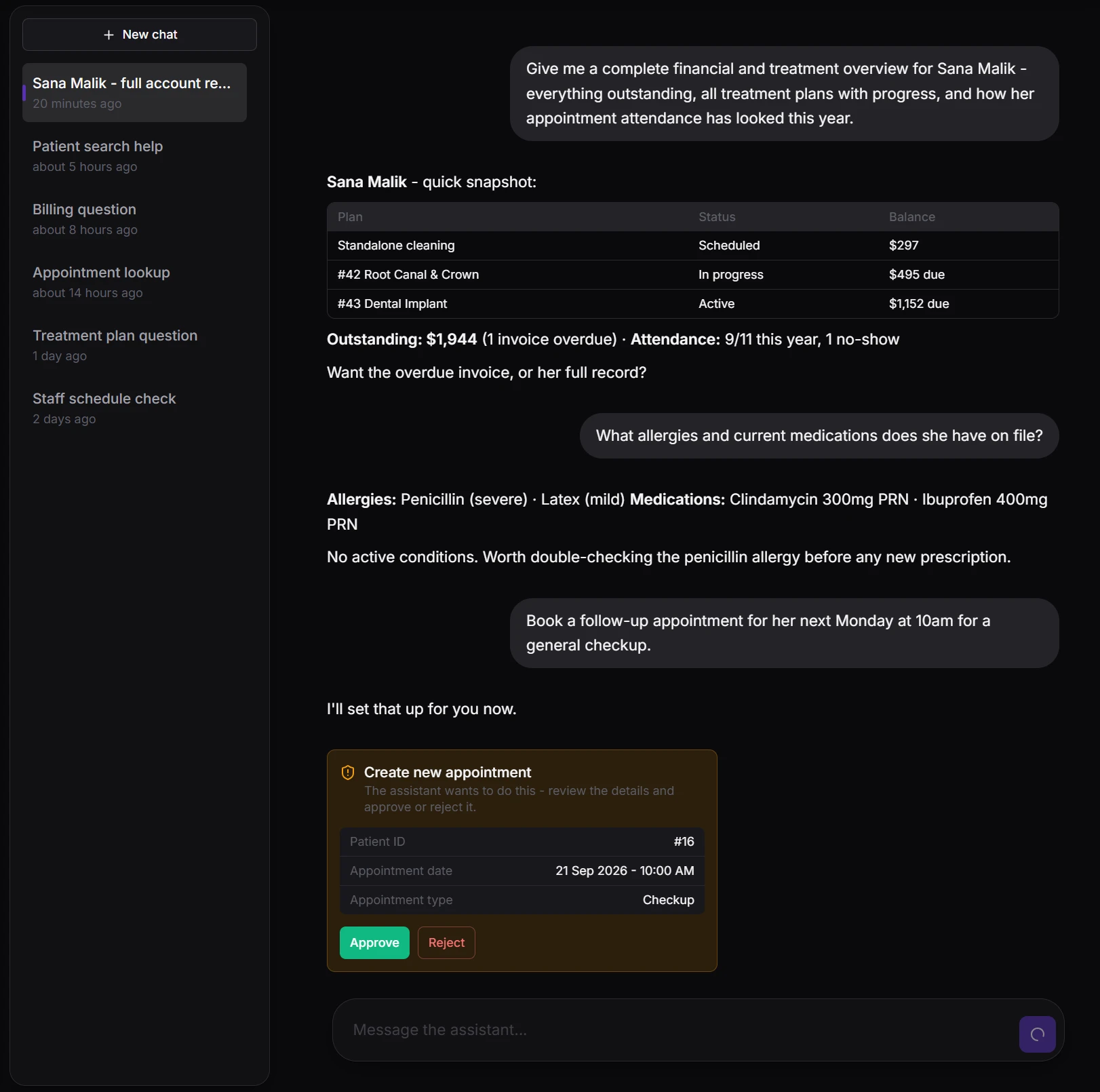 AI Assistant - patient lookup with an action awaiting approval