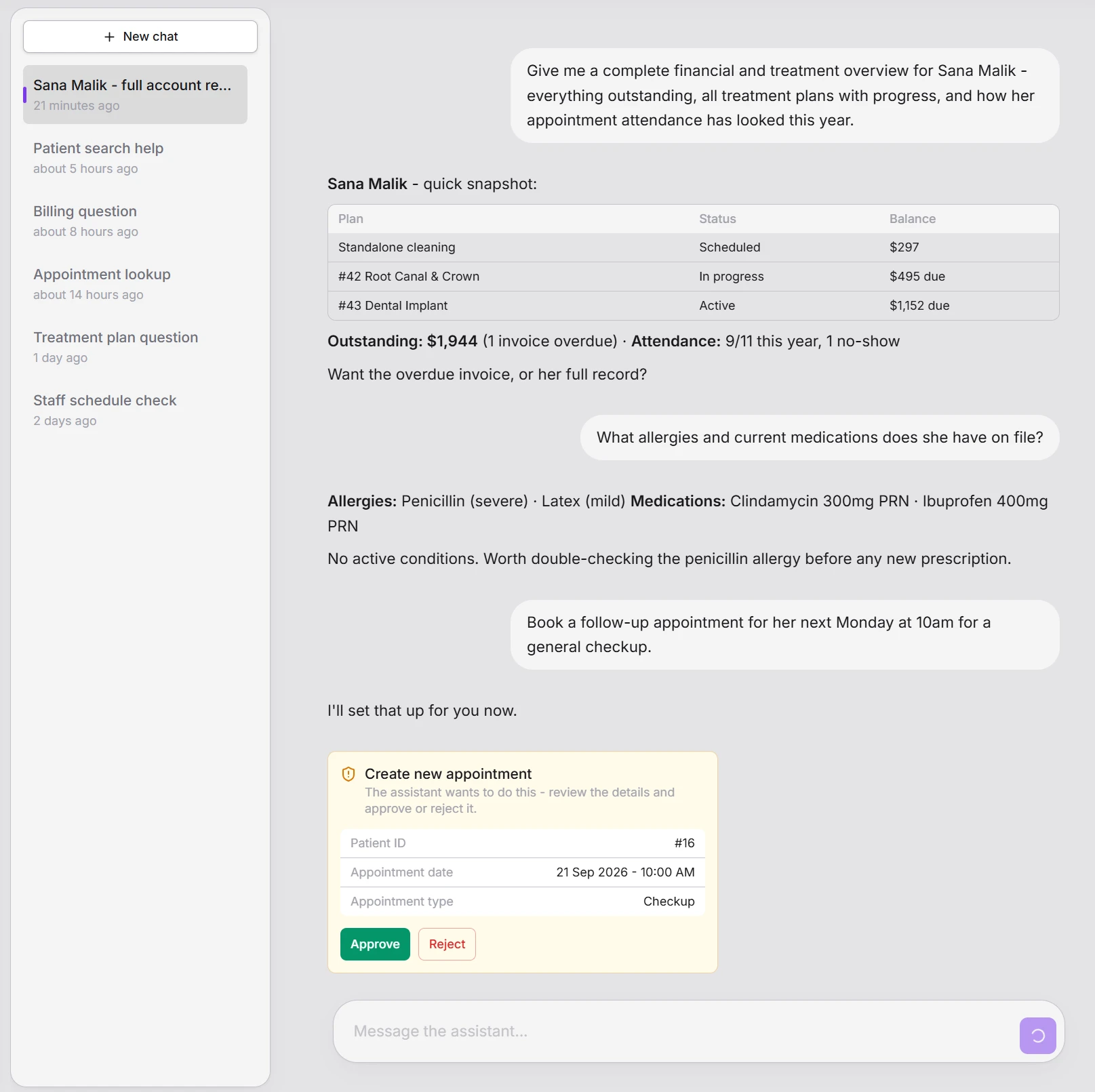 AI Assistant - patient lookup with an action awaiting approval