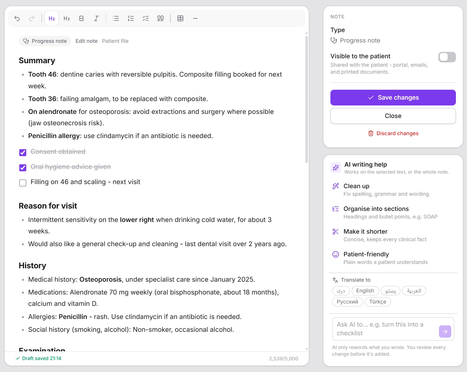 Writing a progress note with AI writing help and one-tap translation