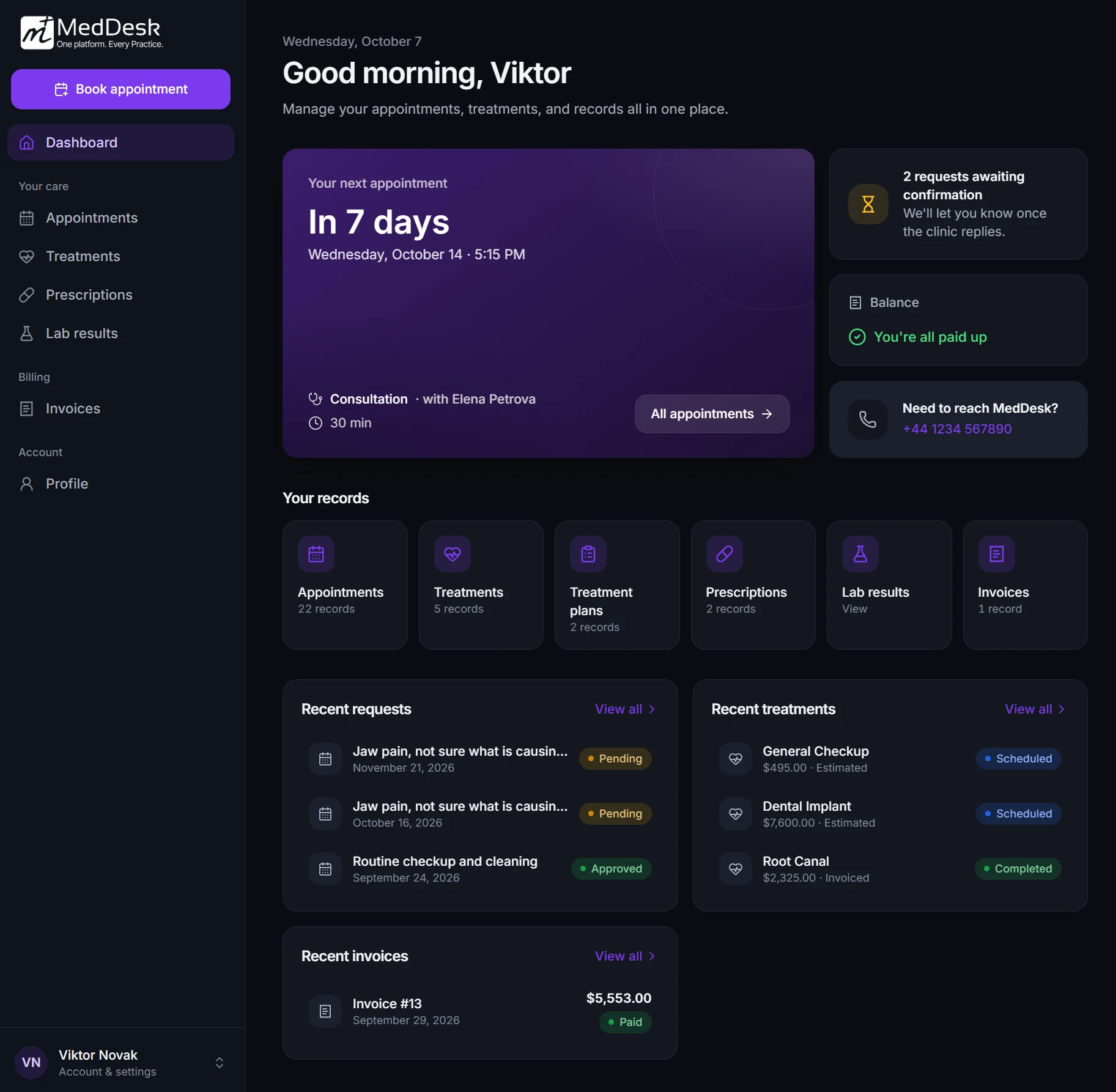Patient portal dashboard