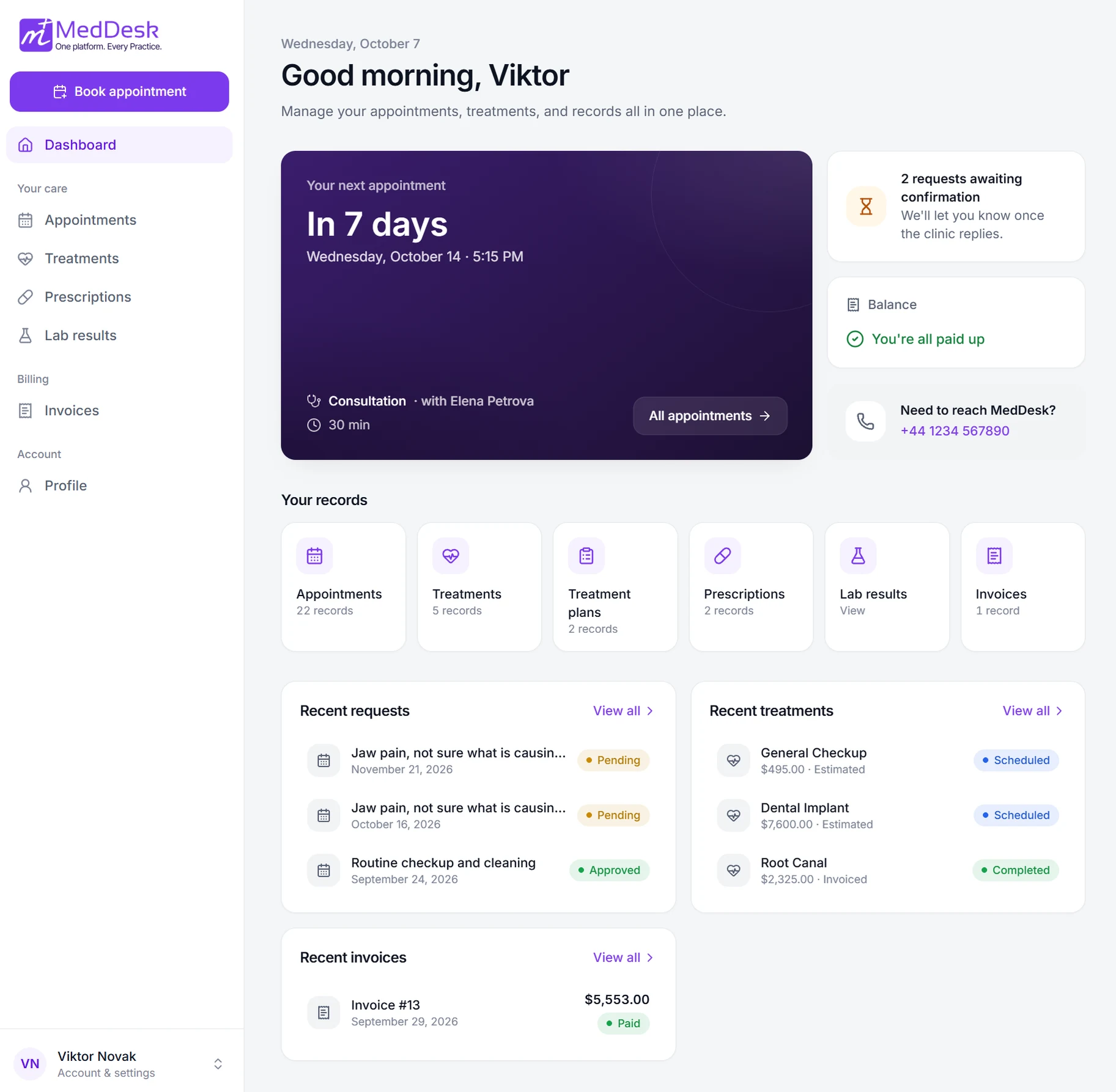 Patient portal dashboard