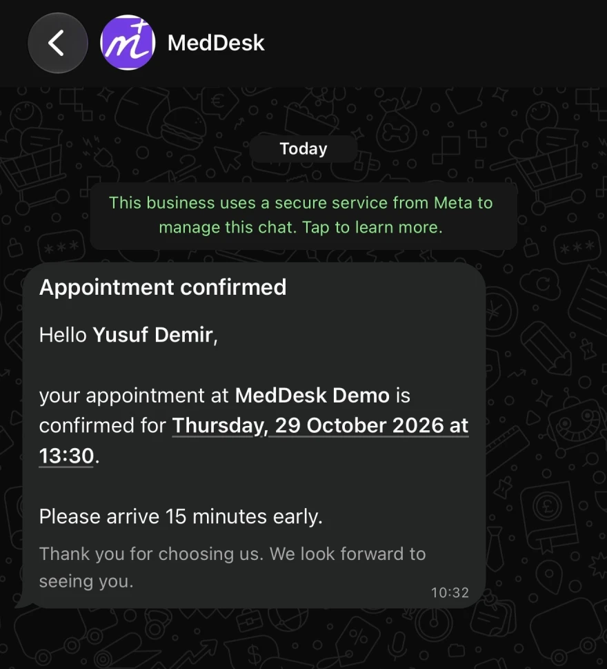 Appointment confirmation on WhatsApp